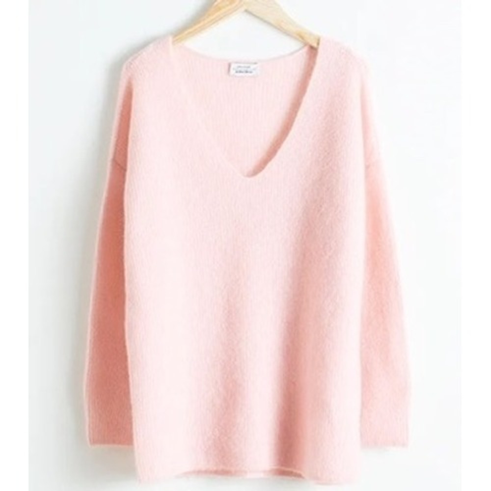 & Other Stories Oversized Wool Mohair Blend Sweater V-Neck Ribbed Pink XS
